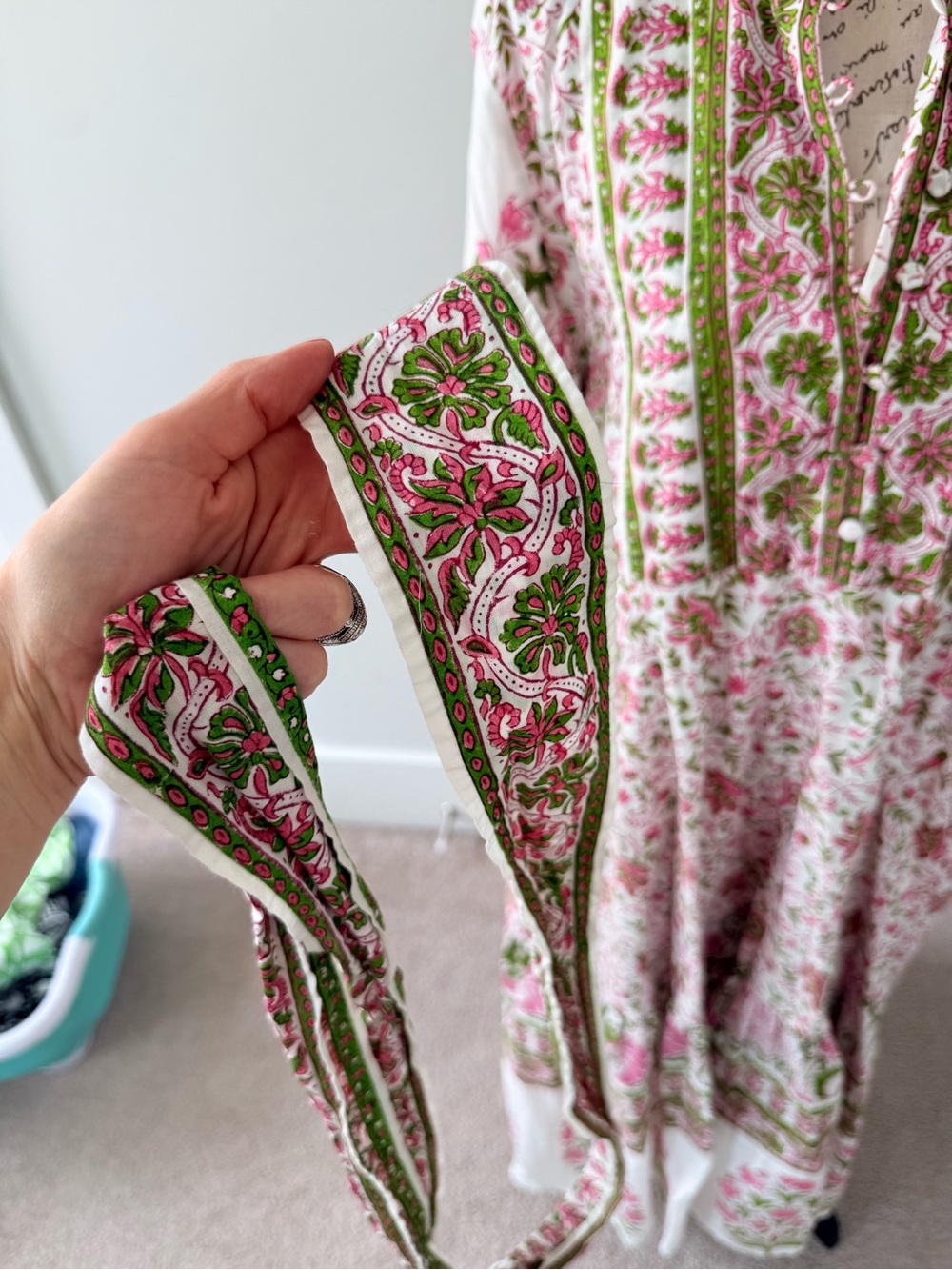 Like New XL Sue Sartor Floral Belted Flounce Midi Dress in Pink & Green - Picture 8 of 13
